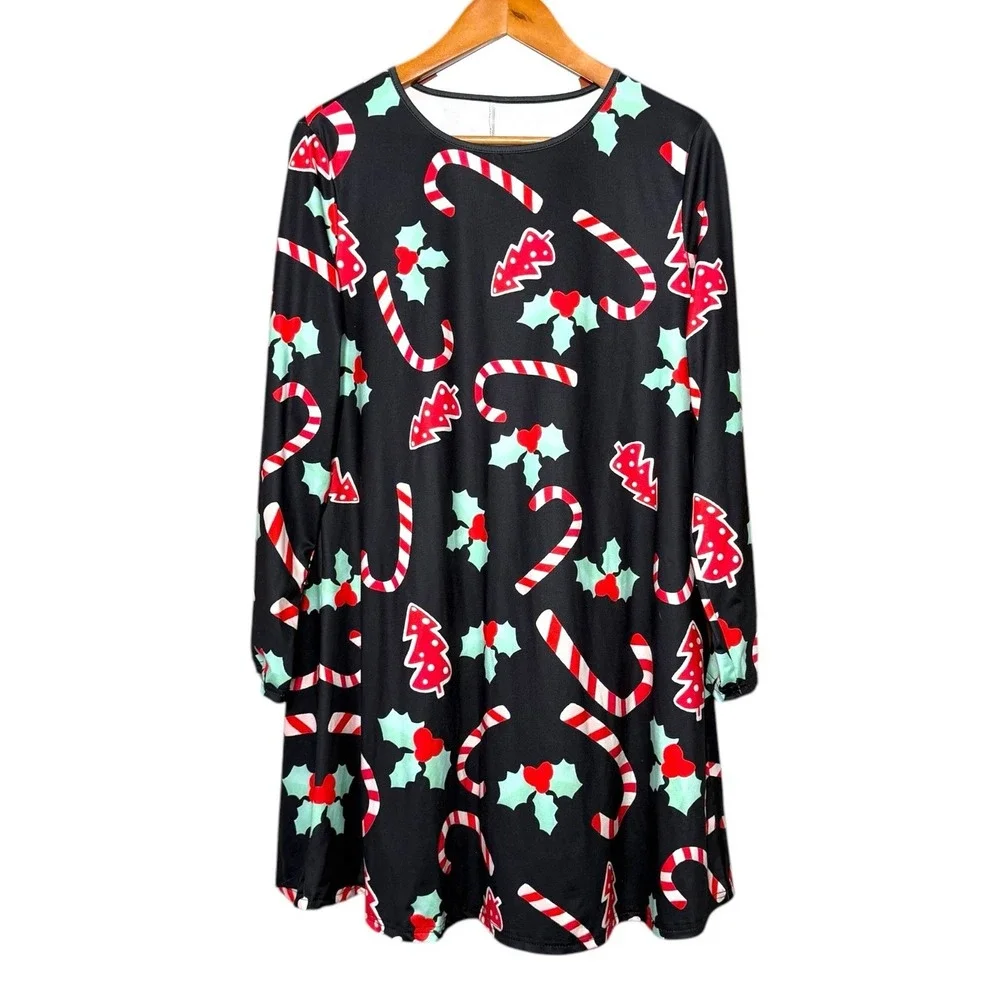 Christmas Holiday Long Sleeve Stretchy Black Dress Candy Canes Women Sz XXL - Picture 3 of 10